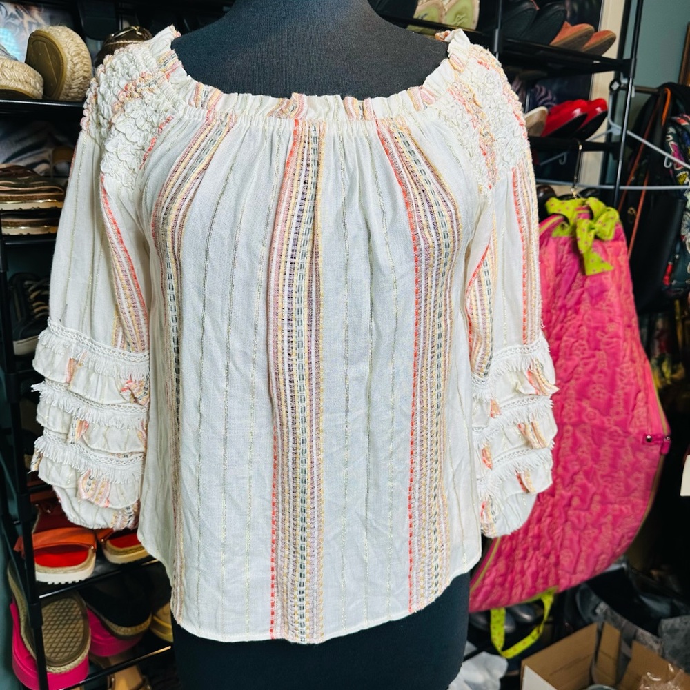 For The Republic Boho Multicolor Striped Blouse Ruffle Sleeves Size Small